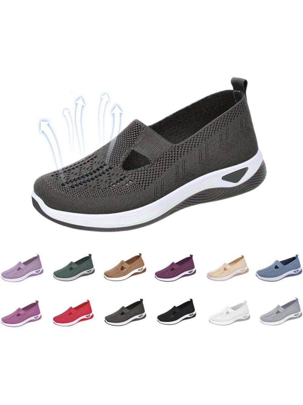 Women's Dark Grey Rubber Comfortable Slip On Wide Width Breathable Walking Shoes